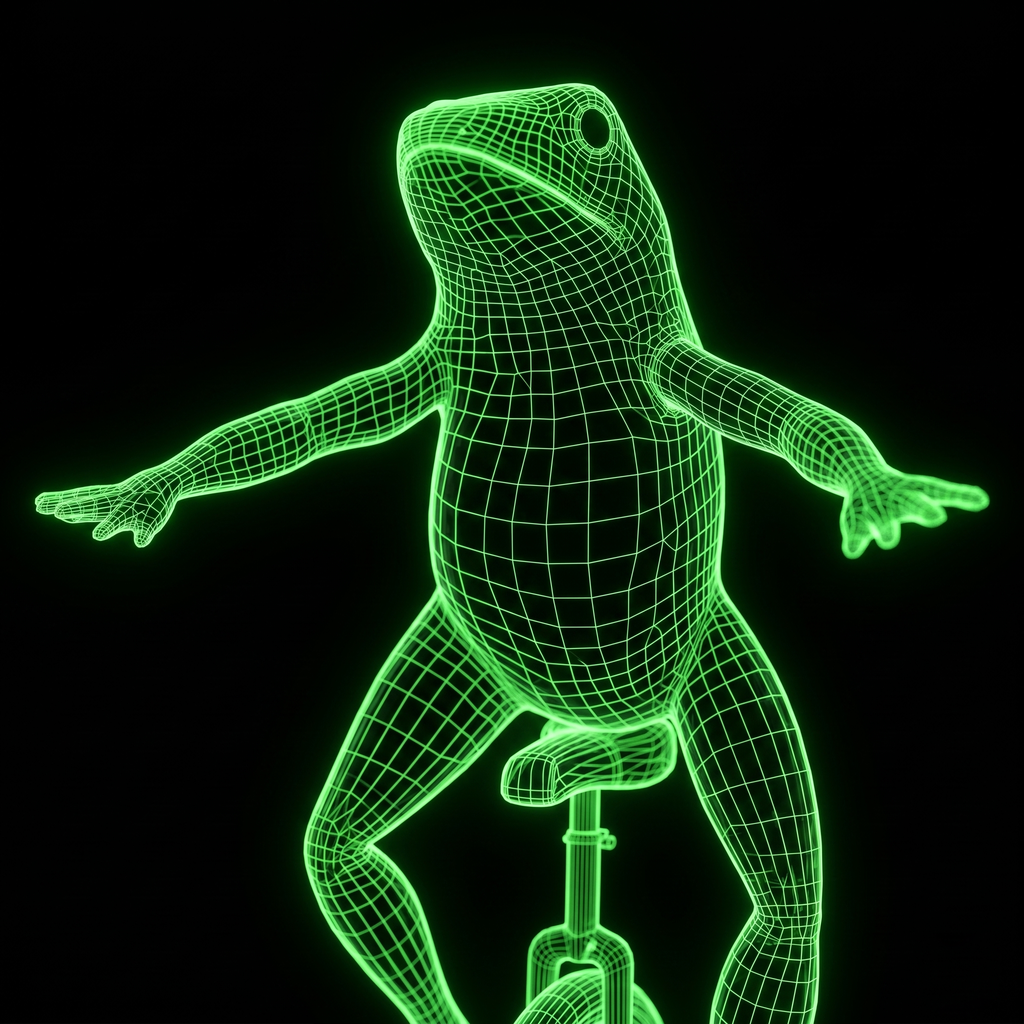 DATBOI — wireframe frog on a unicycle (tap → pump.fun)